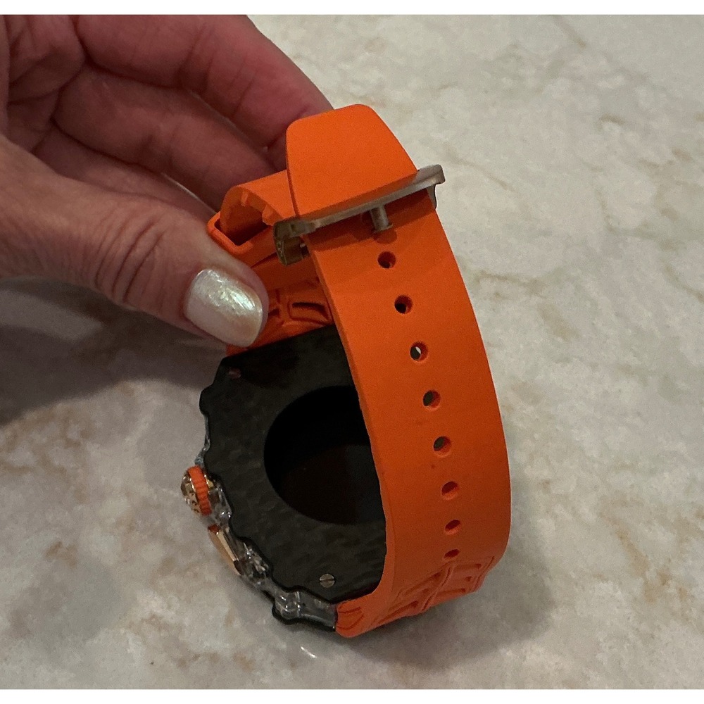 Carbon Fiber Apple Watch Case 44/45/46/49mm Orange Band Double Vision - Picture 11 of 12